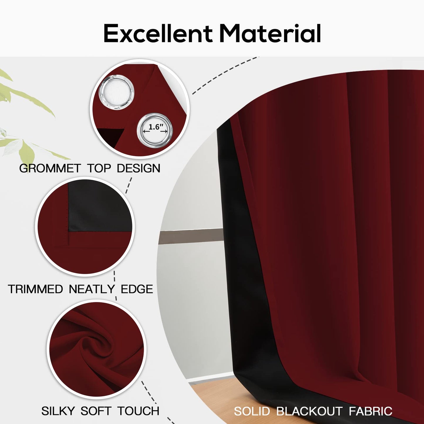Yakamok 100% Blackout Curtains for Bedroom 2 Panels - Completely Blackout Window Drapes Thermal Insulate Window Panels with Black Backing for Living Room, Grommet Top (38 by 84 inches, Burgundy Red)