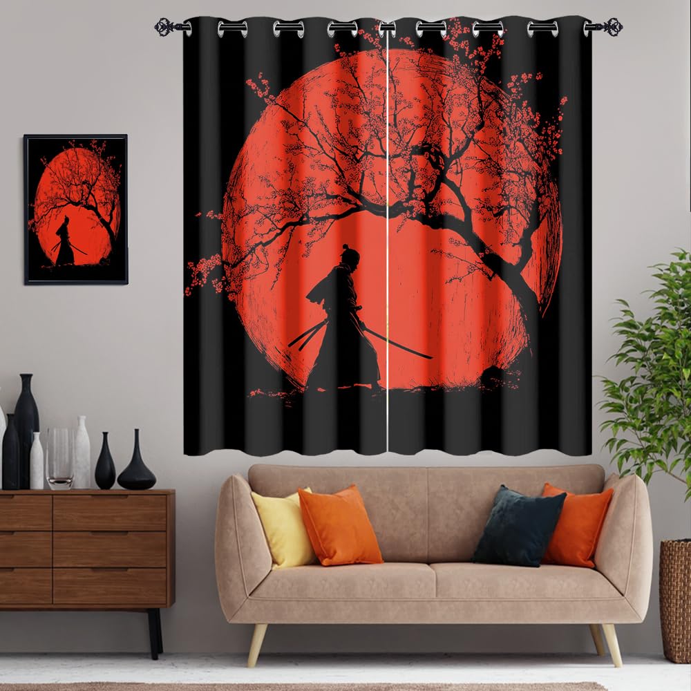XSUPFLYM Rustic Vintage Japanese Samurai Privacy Blackout for Living Room Curtains Beautiful Abstract Cherry Blossom Tree Red Sun Pattern Curtains Top Grommets Window Treatment 2 Panels 21" W x 45" L