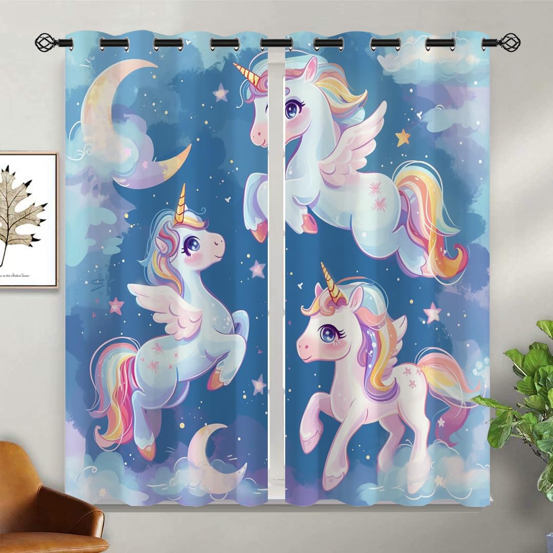 Cartoon Unicorn Blackout Curtains for Girls Boys Kids Home Decor, Fantasy Cute Unicorn Stars Moon Grommet Thermal Insulated Drapes Darkening Window Curtain for Bedroom Living Room, 42 x 45 Inch