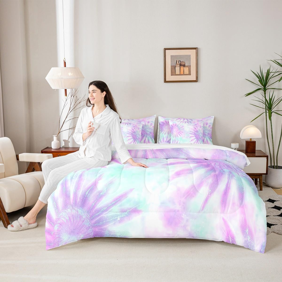 Erosebridal Tie Dye Queen Comforter Set, Purple 7-Piece Bed in A Bag, Setspiral Swirl Vortex Sheets and Pillowcases, Gypsy Girly Style Bed Sets