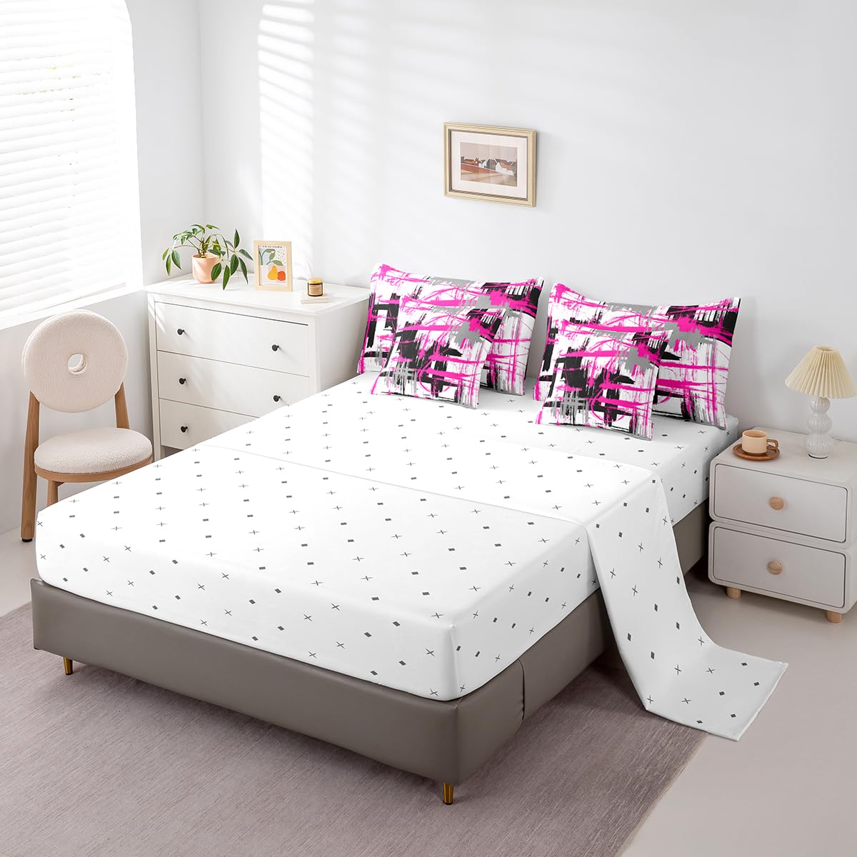 Feelyou Rose Pink Grey Black Comforter Set Queen Size Kids Abstract Art Comforter for Boys Modern Striped Art 7 Pieces Bedding Set Geometric Duvet Set Room Decor Quilt Set