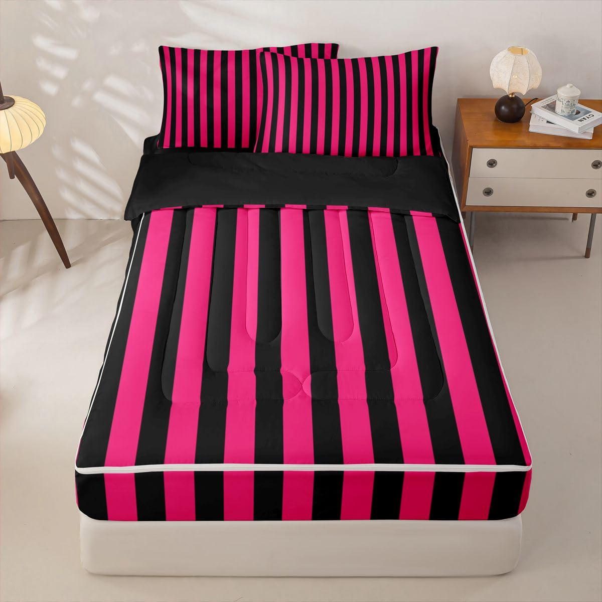 Feelyou Stripes Zipper Bedding Full Geometric Zipper Bedding Sets for Kids Boys Girls Modern Striped Art Comforter Set with Fitted Sheet and Pillowcases Luxury Bedroom Decor Red Black