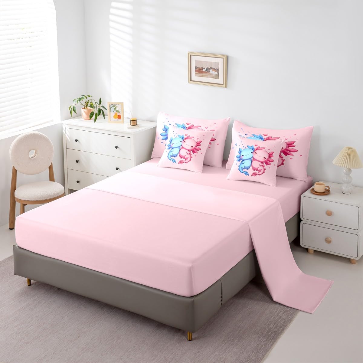 Erosebridal Pink Blue Cute Axolotls Queen Comforter Set Kids Kawaii Axolotls Bed in a Bag for Boys Girls Cartoon Love Heart 7-Piece Bedding Set Sealife Coastal Ocean Animal Quilt Duvet Sets