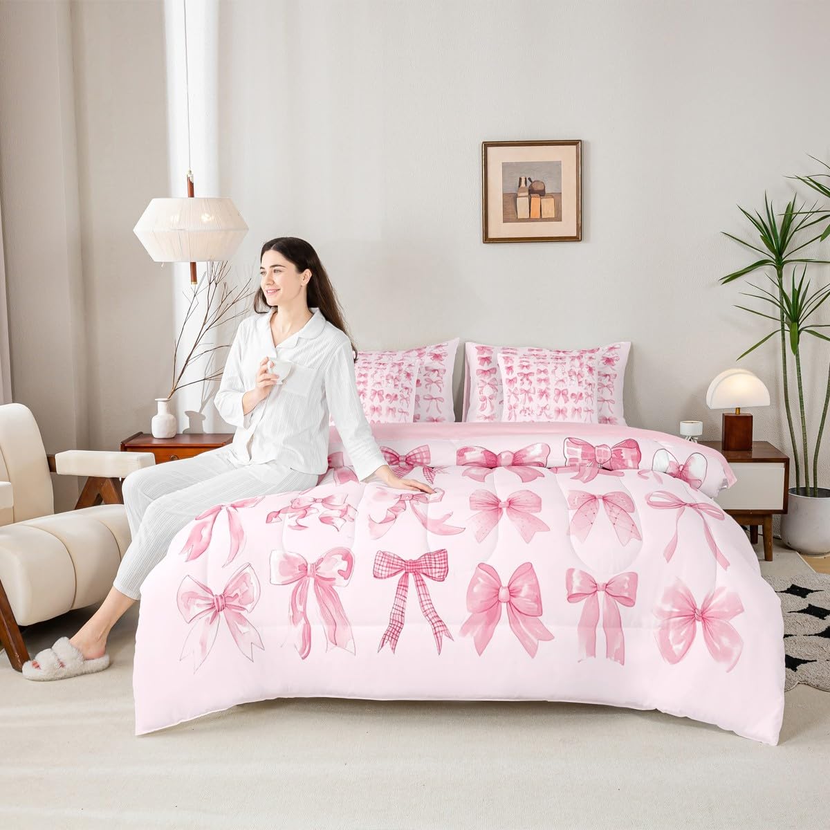 Erosebridal Cute Bow Bed in A Bag for Teen Girl Girly Coquette Bow Comforter Set Twin Pink Modern Fashion Aesthetic 7 Piece Bedding Set Dreamy Fantasy Bowknot Duvet Insert with Flat Fitted Sheets