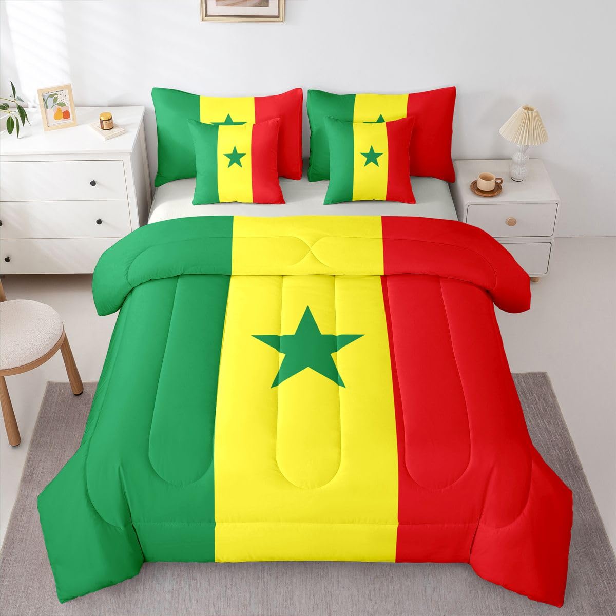 Feelyou Senegal Paisley Flag Comforter Set with Sheets 7 Piece King Size Senegalese Paisley Bedding Set for Kids Boys Girls International Flag Bed in a Bag Room Decor Soft Lightweight Microfiber
