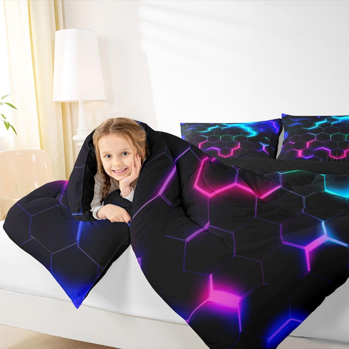 Castle Fairy 3D Honeycomb Comforter Set Twin Size,Neon Hexagon Theme Quilt Set Pink Blue Bedding 2pcs,Fashion Duvet Insert 1 Pillowcase,Black