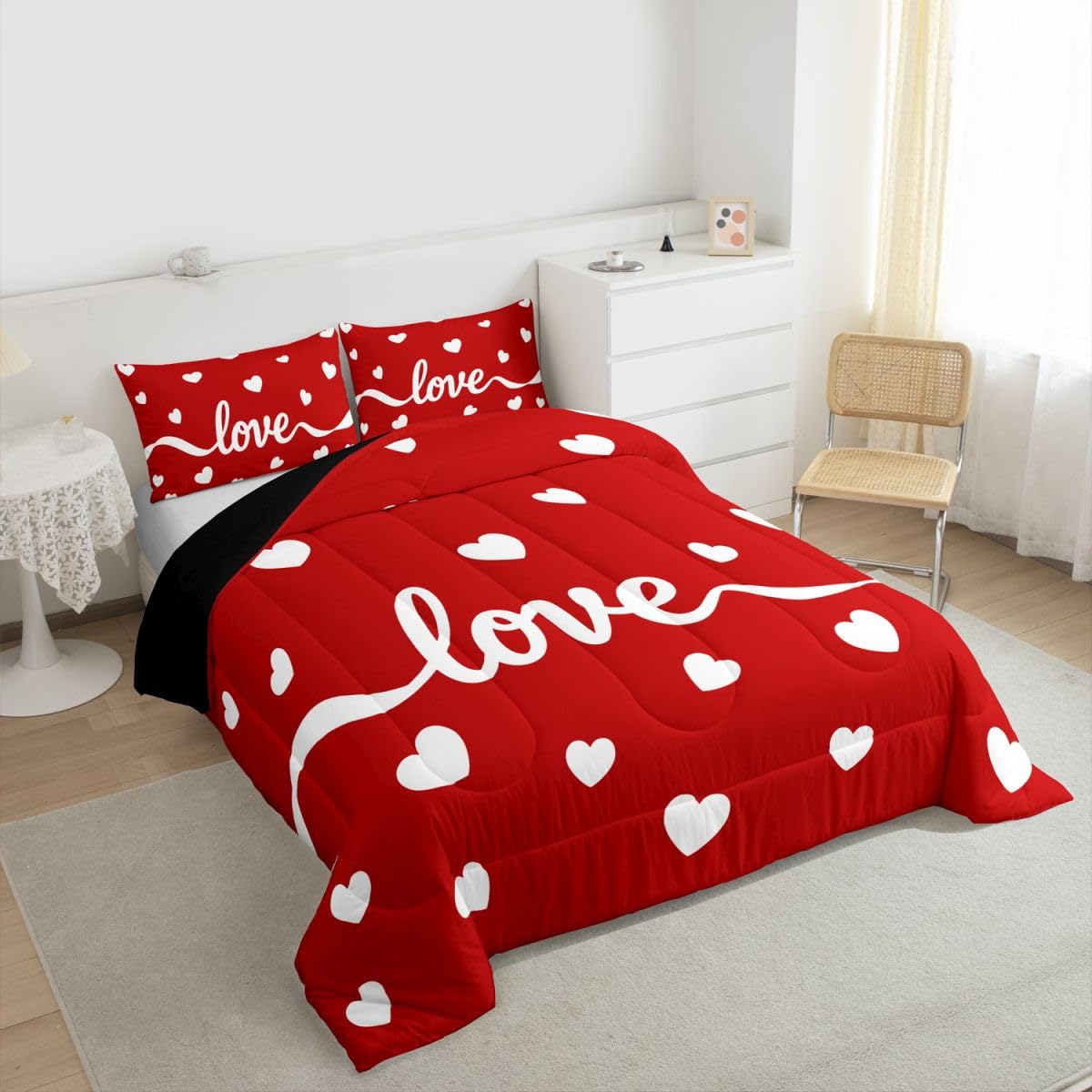 Erosebridal Couples Cute Heart Comforter Set Queen Size Cartoon Love Heart Bedding Set for Men Women Bedroom Romantic Valentine Day Gift Comforter White Red Geometric Quilt Duvet