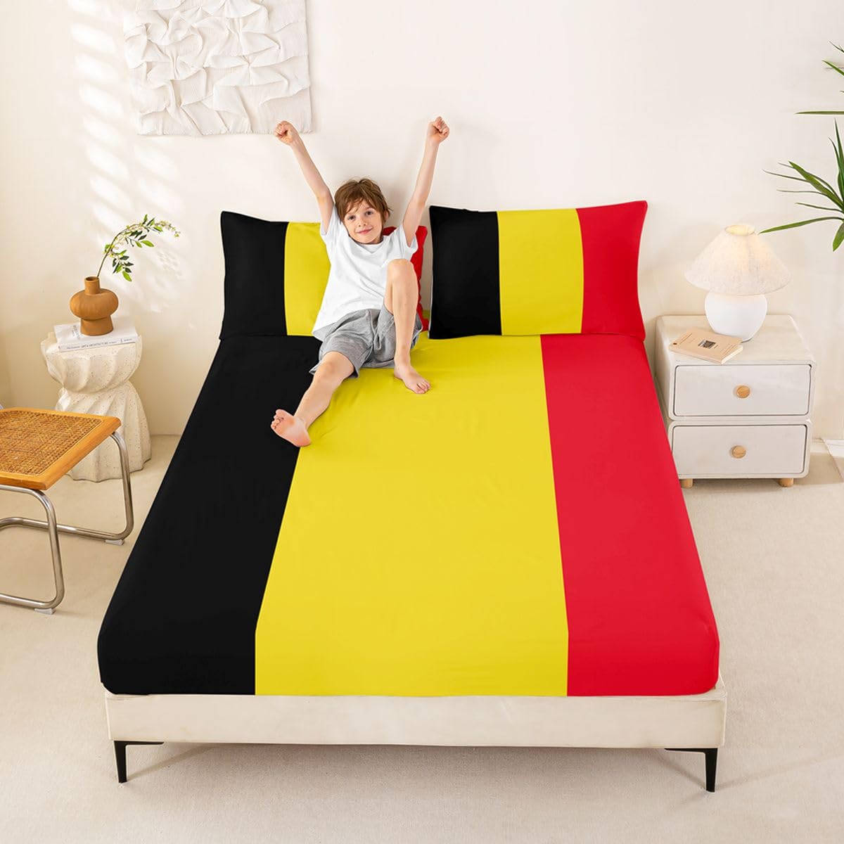 Feelyou Belgian Flag Bed Sheets Set Queen Size Belgium Deep Pocket Fitted Sheet World Countries Bedding Sets International Flag Soft Bed Set 4Pcs with 2 Pillow Cases