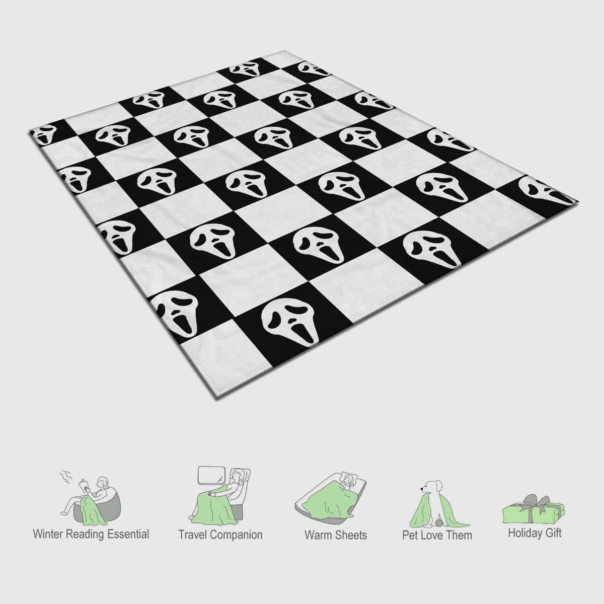 YWZDS Spooky Face Throw Blanket, Black and White Checkered Pattern, Halloween Ghost Blankets Fuzzy Gifts for Sofa Couch Bedroom (50 * 60 inch)