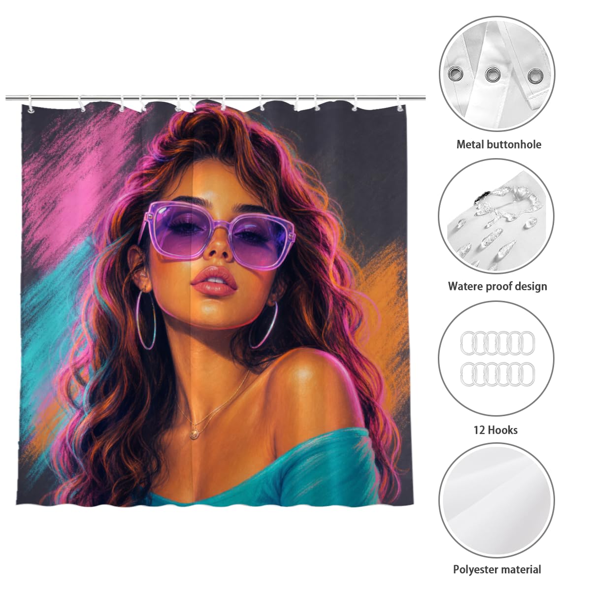 TopPacific Pink Hair Woman Shower Curtain 72x72 Inch Shower Curtain with 12 Hooks Polyester Woman Purple Sunglasses Pink Blue Hair Dark Background Bathroom Decor