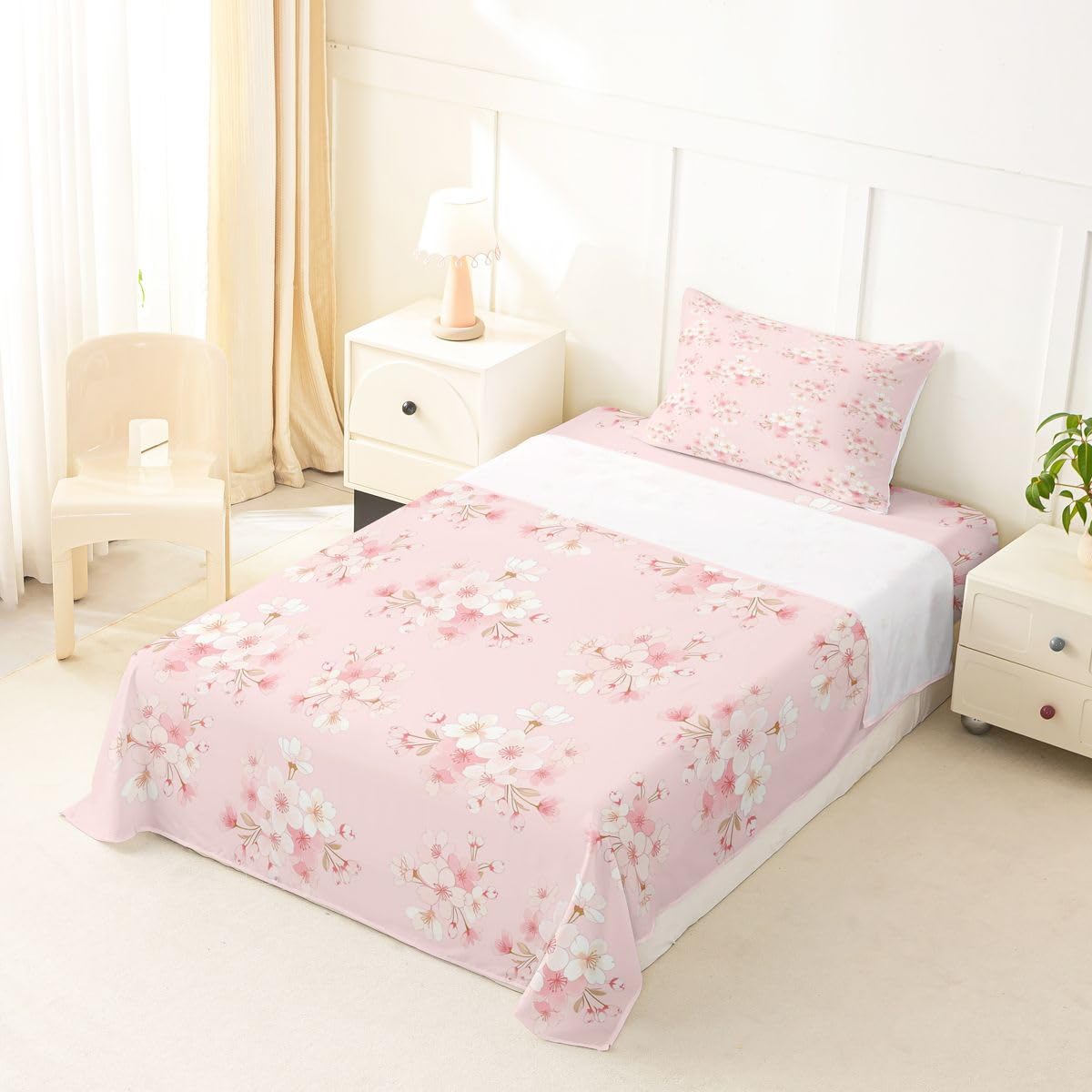 Erosebridal Cherry Blossoms Bed Sheets Set Twin Japanese Style Sheet Set Romantic Floral Leaves Sheets Pink Flower Plant Flat Fitted Sheet