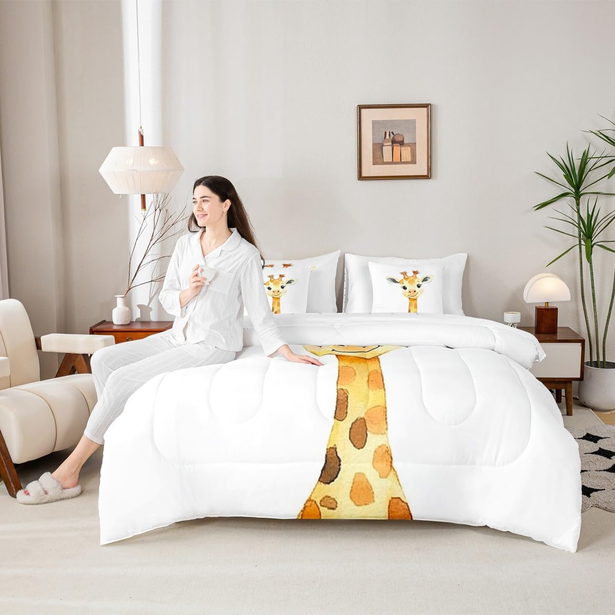 Erosebridal Kawaii Giraffe Twin Size Comforter Set with Sheets Kids | African Jungle Animal 7-Piece Bedding Set Tropical Forest Wildlife Pattern Bed in a Bag Cartoon Wild Safari Animal Bed Quilt Sets
