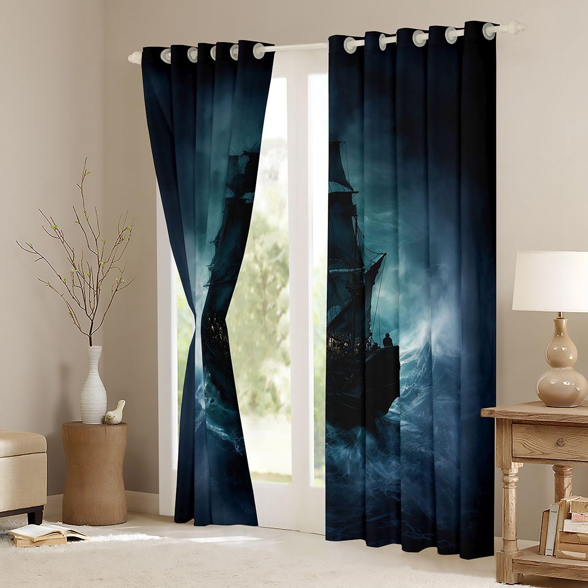 Erosebridal Nautical Blackout Curtains Retro Sailboat Sailing Window Curtains 42" Wx63 L Teen Kids Men Fantasy Ocean Advanture Window Treatments Drapes Bedroom Mystical Coastal Travel 2 Panels Decor