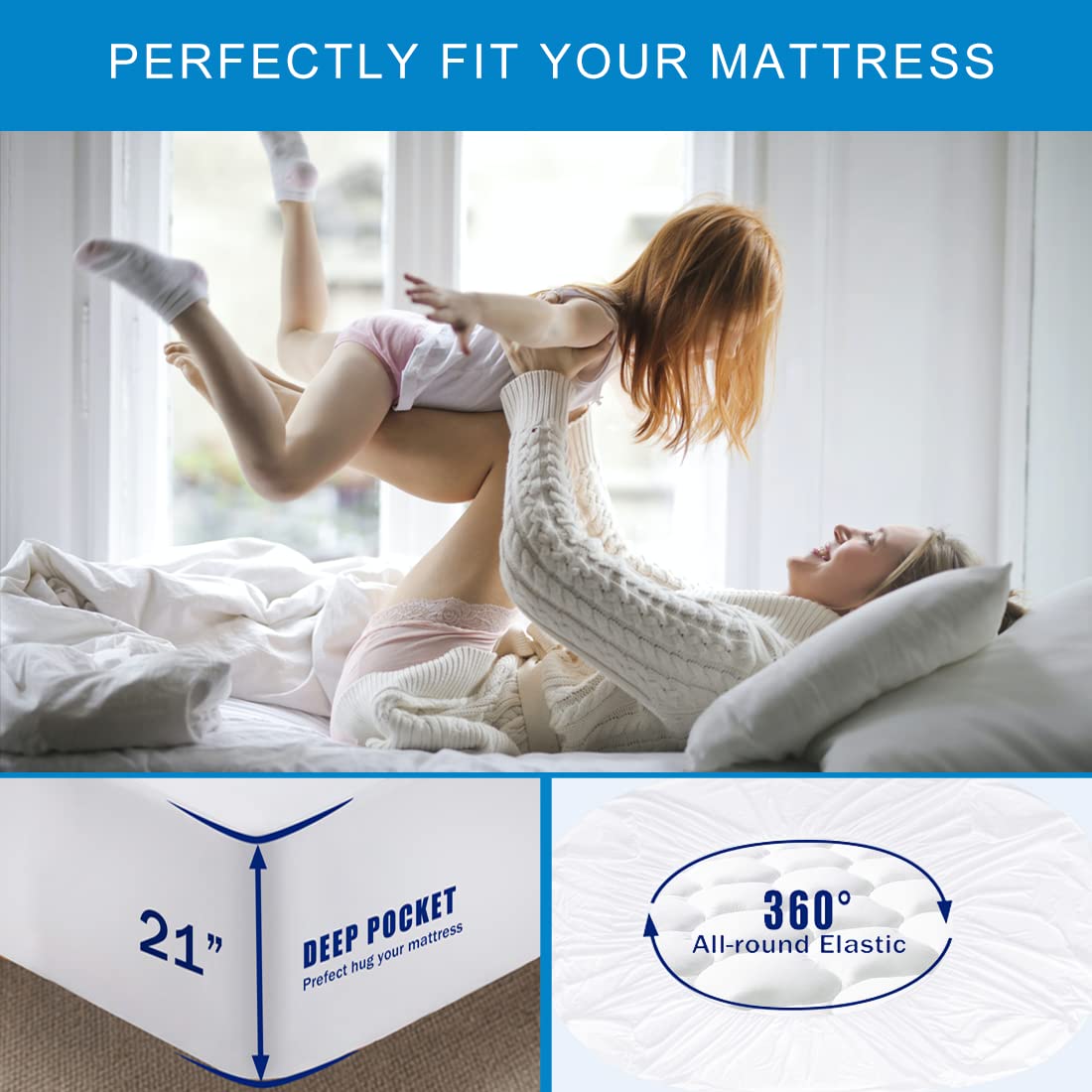 Queen Size Quilted Fitted Waterproof Mattress Pad, Premium Hollow Material Filling Mattress Protector, Breathable, Quiet, Cooling, Machine-Washable Mattress Cover with 21” Deep Pocket