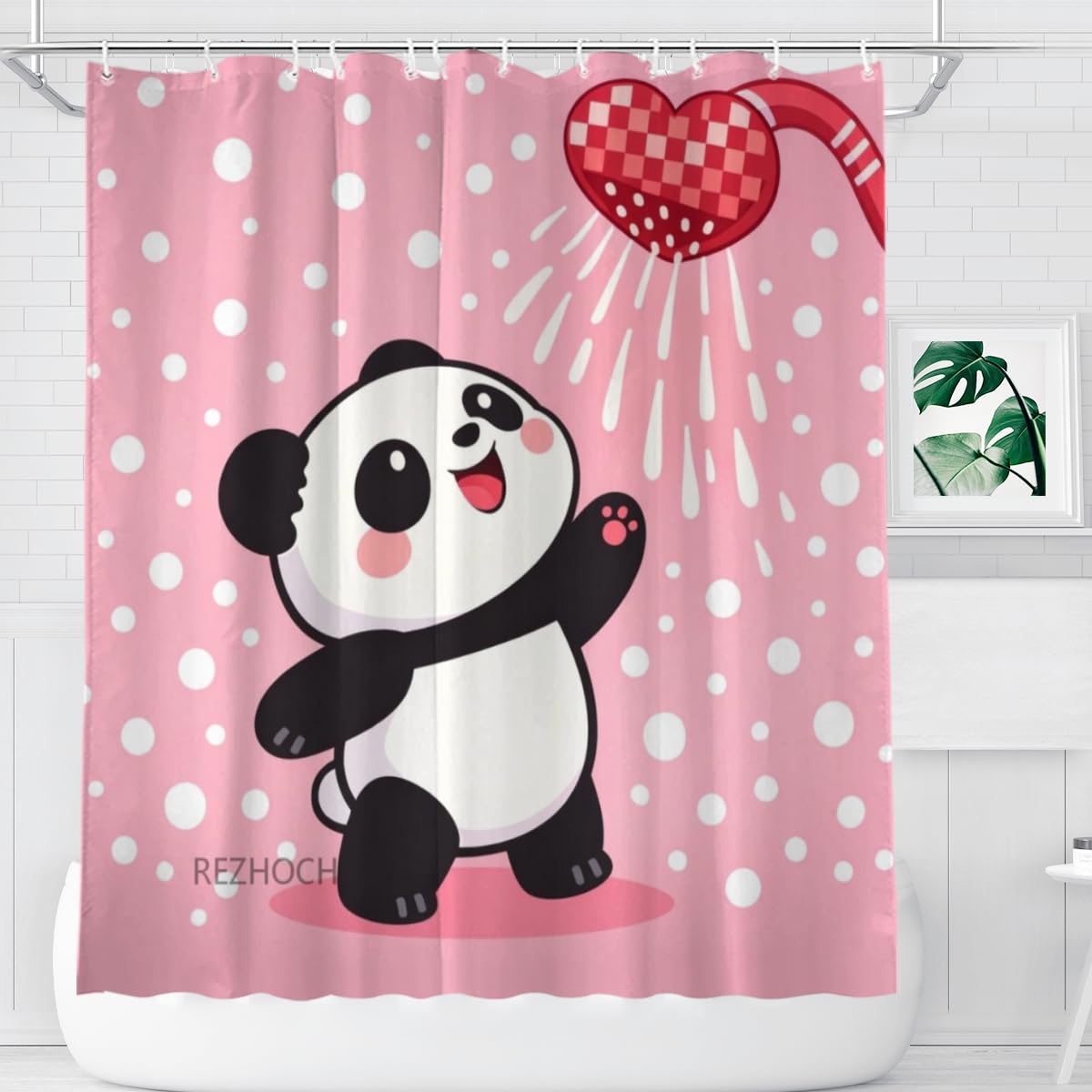 REZHOCH Cute Panda Shower Curtain 72x72Inch,Funny Cartoon Animal Pink Modern Home Bathroom Decor,Heart Showerhead Waterproof Fabric Kids Girls Farmhouse Bath Set with Hooks