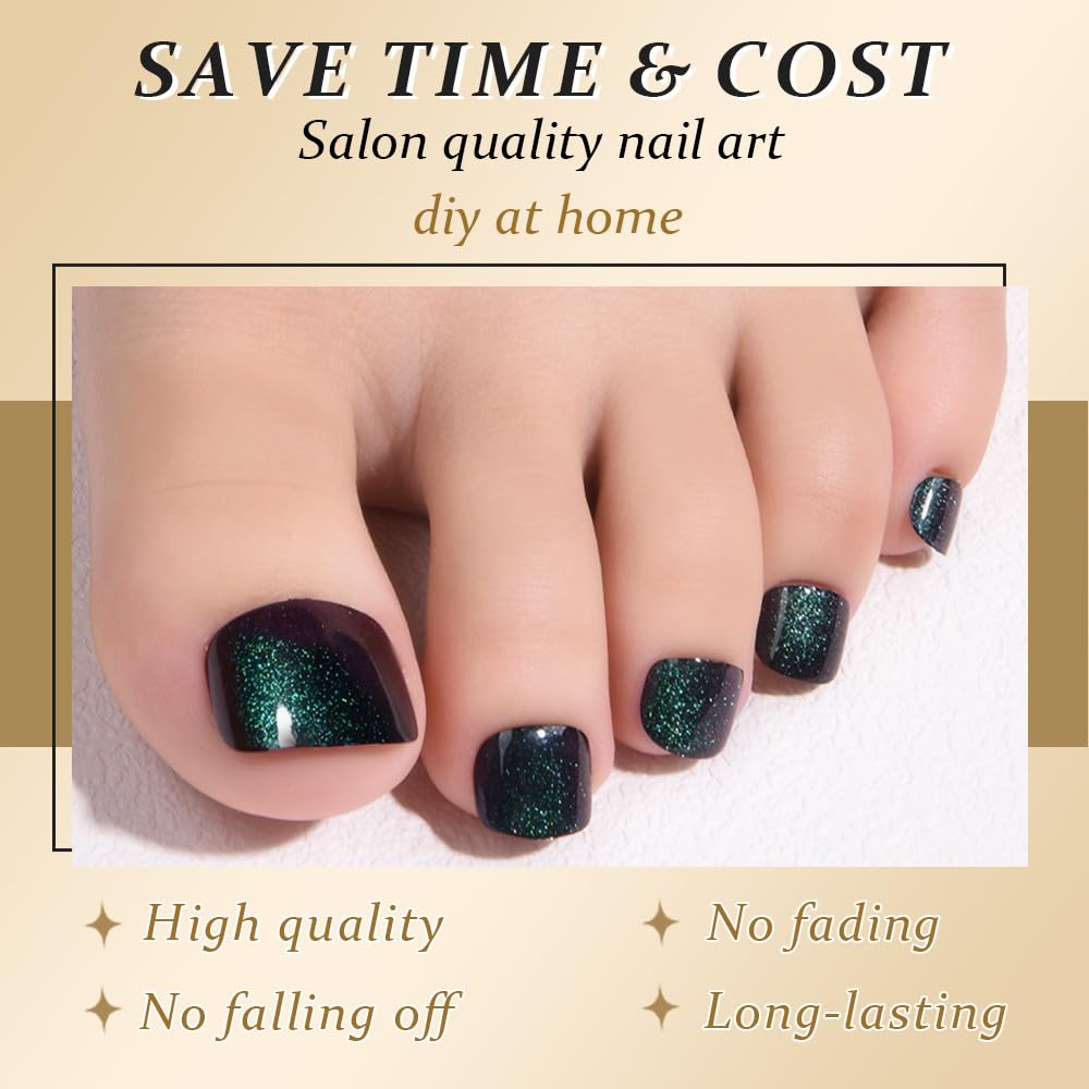 evpct Sapphire Green Cat Eye Press on Toenails for Women, Glossy Glitter Fake Toe Nails Women Girls Gift, Soft Gel Press Stick on Toenail with Kits Perfectly Fit Full Cover Reusable Cateye Toenails