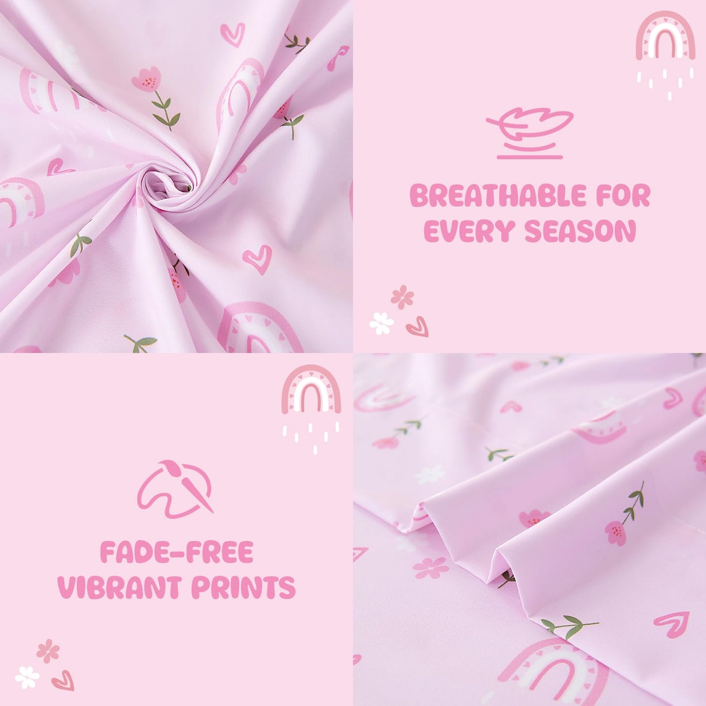 MICORAL Kids Twin Sheet Set Pink Rainbow, 3 Pieces Sheets for Boys & Girls, Soft Printed Microfiber Bed Sheets, Deep Pocket Cozy Toddler Bedding Set, Pink Rainbow