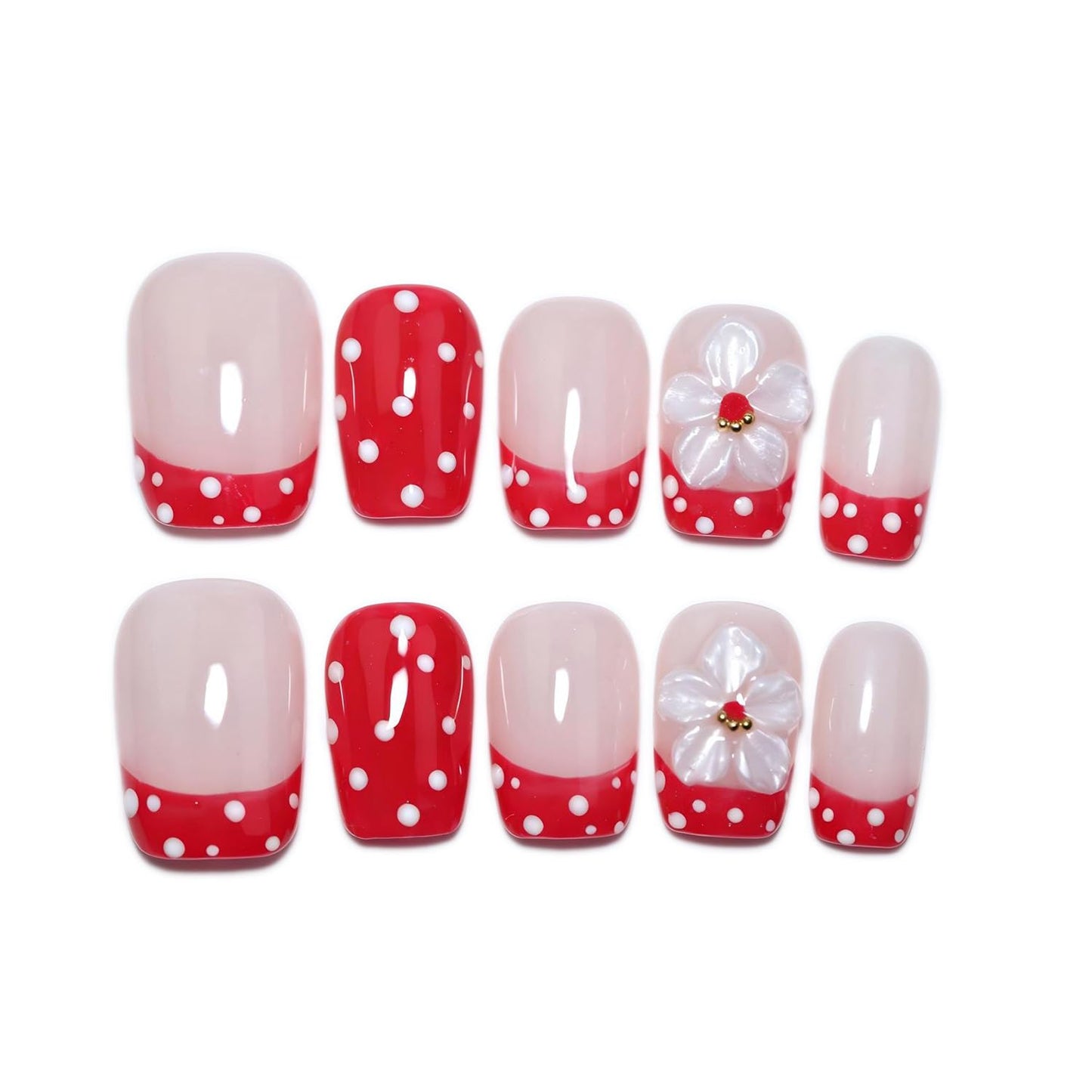 EasierGlow 10Pcs Handmade Short Square Press On Nails | Easy Apply & Remove, Reusable Salon Quality Nails | Nude Red Polka Dot French Press Ons with 3D White Flower & Gold Bead Accents (Y209, S)