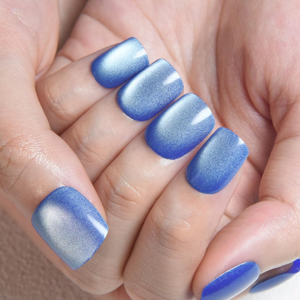 evpct Blue Cat Eye Extra Short Press on Nails Square No Glue, Petite Short Square Stick on Nails for Women, Light Sky Blue Metallic Glitter Glossy Reusable Press on Acrylic Fake Nail with Designs