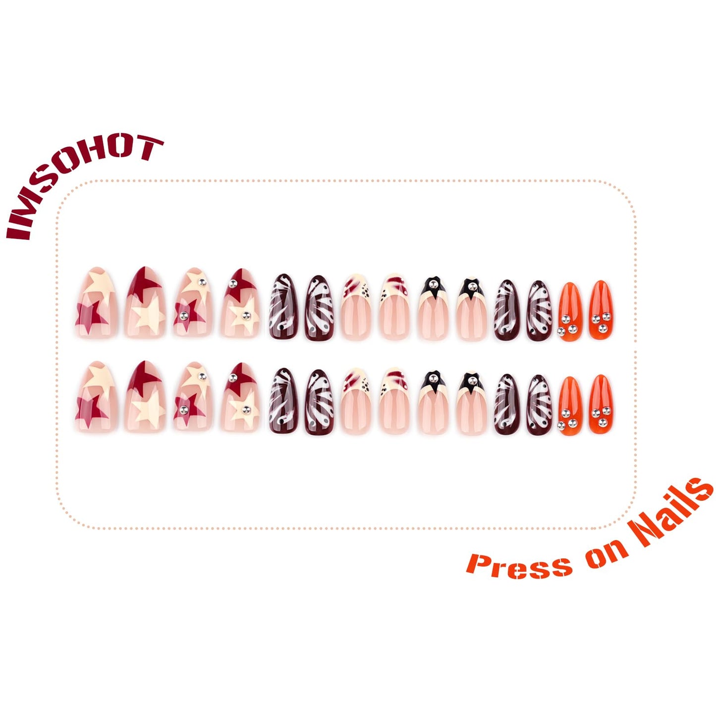 IMSOHOT Medium Almond Press on Nails- Metal Ball & Star French Tip Design, Glossy Acrylic Handmade Glue on Fake Nails, Y2K, Punk Artificial False Nails 24Pcs