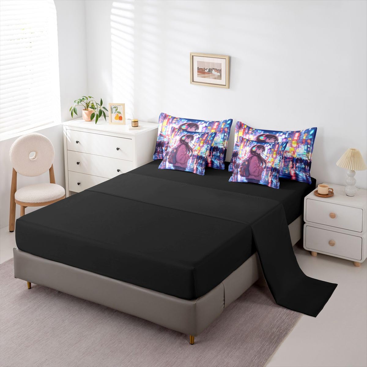 Erosebridal Cool Anime Girl Bedding Set Japanese Style Kids Full Comforter Set 7 Piece 3D Cartoon Girly Anime Bed in A Bag Sci Fi Style Gaming Sheet Set with Comforter Room Decor