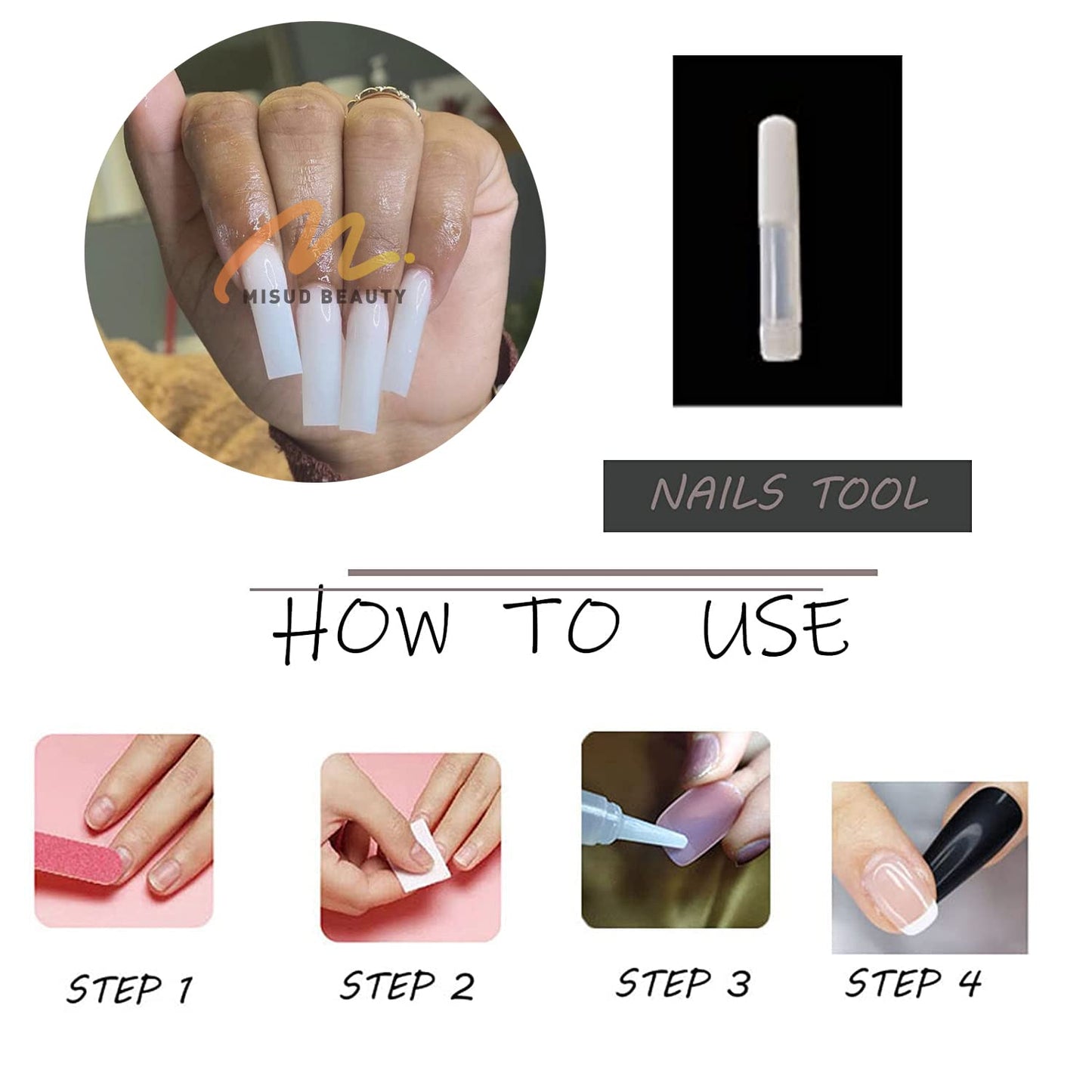 MISUD Press on Nails - Long Square Glue on Nails with White, Acrylic Solid Color Design 24 pcs