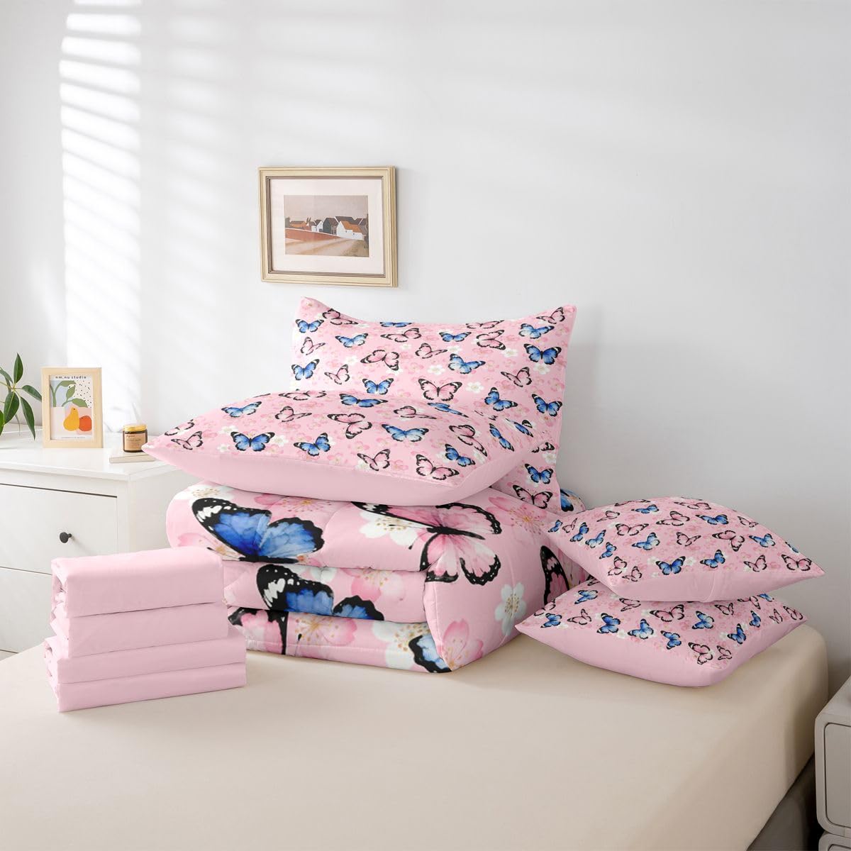 Erosebridal Watercolor Cute Butterflies 7 Piece Bedding Set Twin 3D Pink Flower Print Comforter Set with Sheets Floral Leaves Bed in a Bag Cherry Blossom Bed Sets Comforter