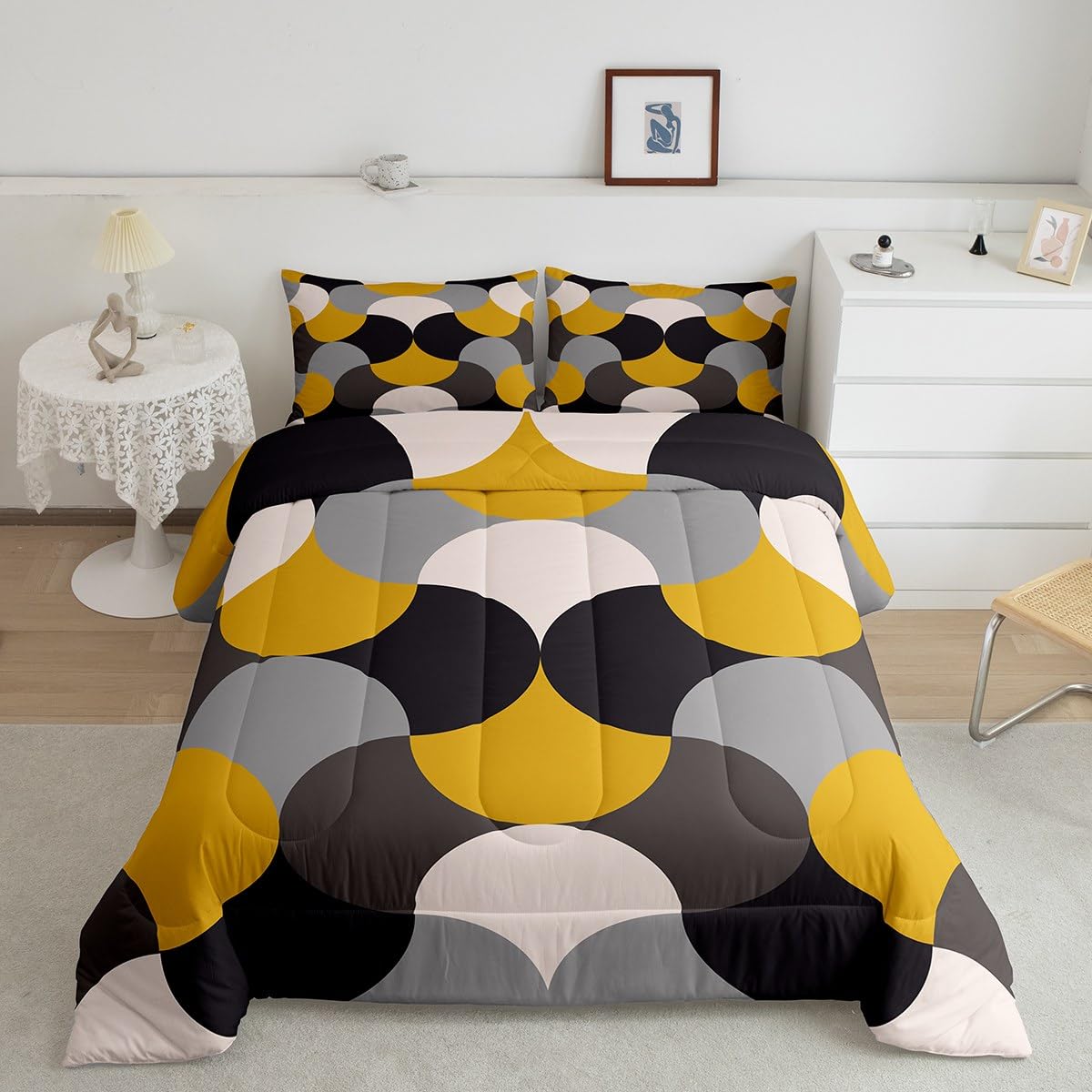 Feelyou Geometric Print Bedding Set Geometric Yellow Grey Black Comforter Set for Kids Boys Girls Teens Decor Modern Art Comforter Luxury Abstract Art Duvet Set 3Pcs Queen Size