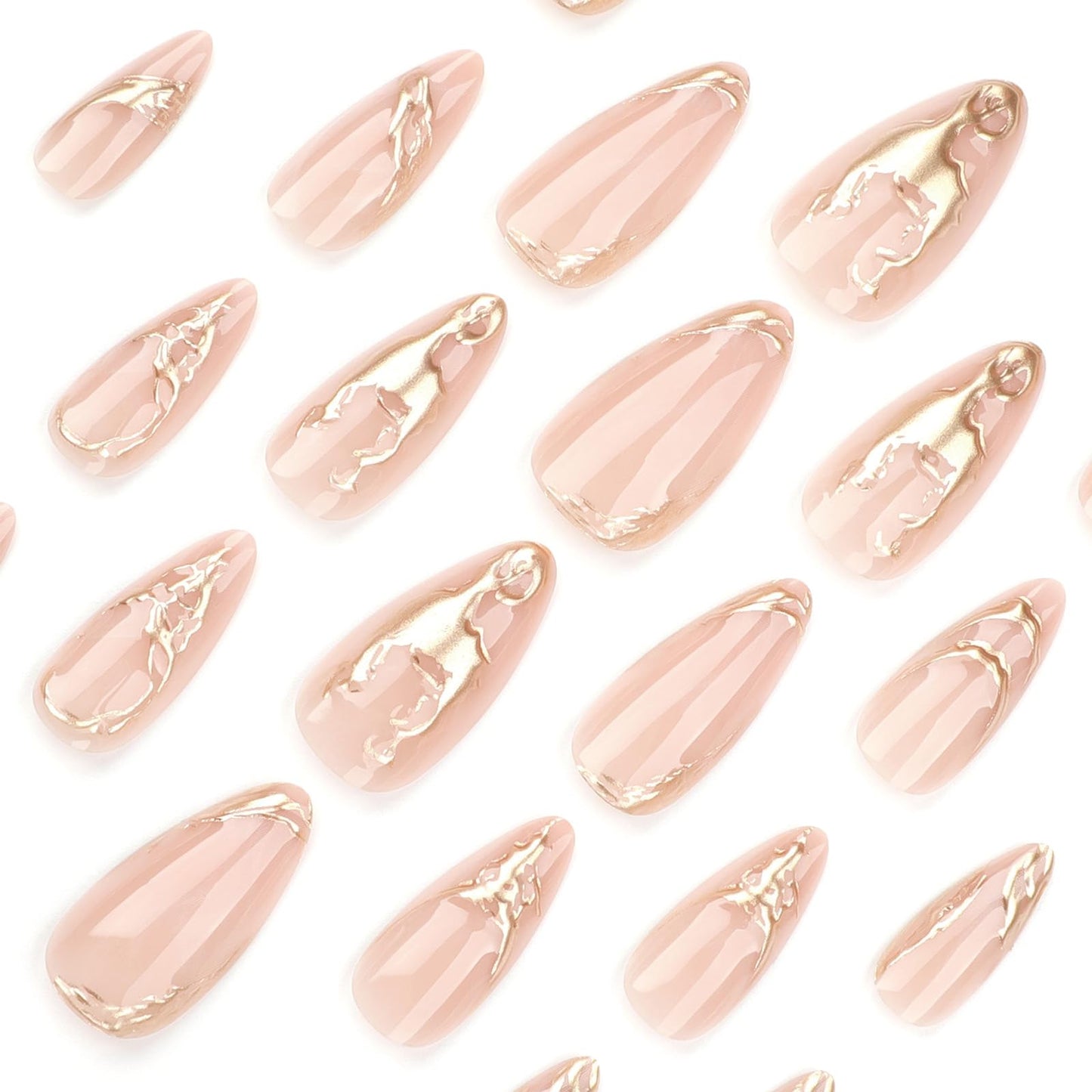 SINHOT Stiletto Glue on Nails - Long, Almond Artificial Nails with Marble Ombre, 3D Gold Chrome Design - 24 pcs