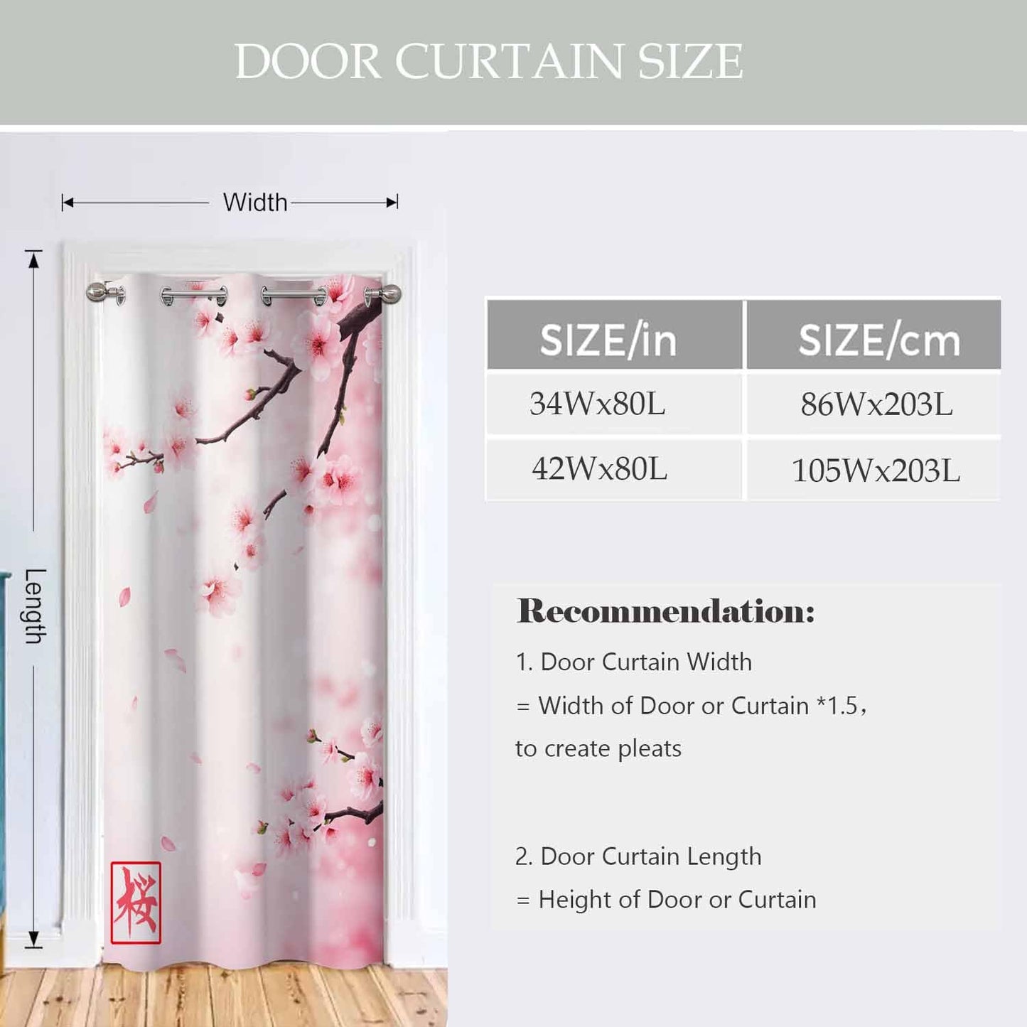Haciadan Pink Floral Sliding Door Curtain Japan Cherry Branch Blooming Flowers Doorway Curtain 1 Panel 34" W X 80" L Door Drape for Kitchen Restaurant