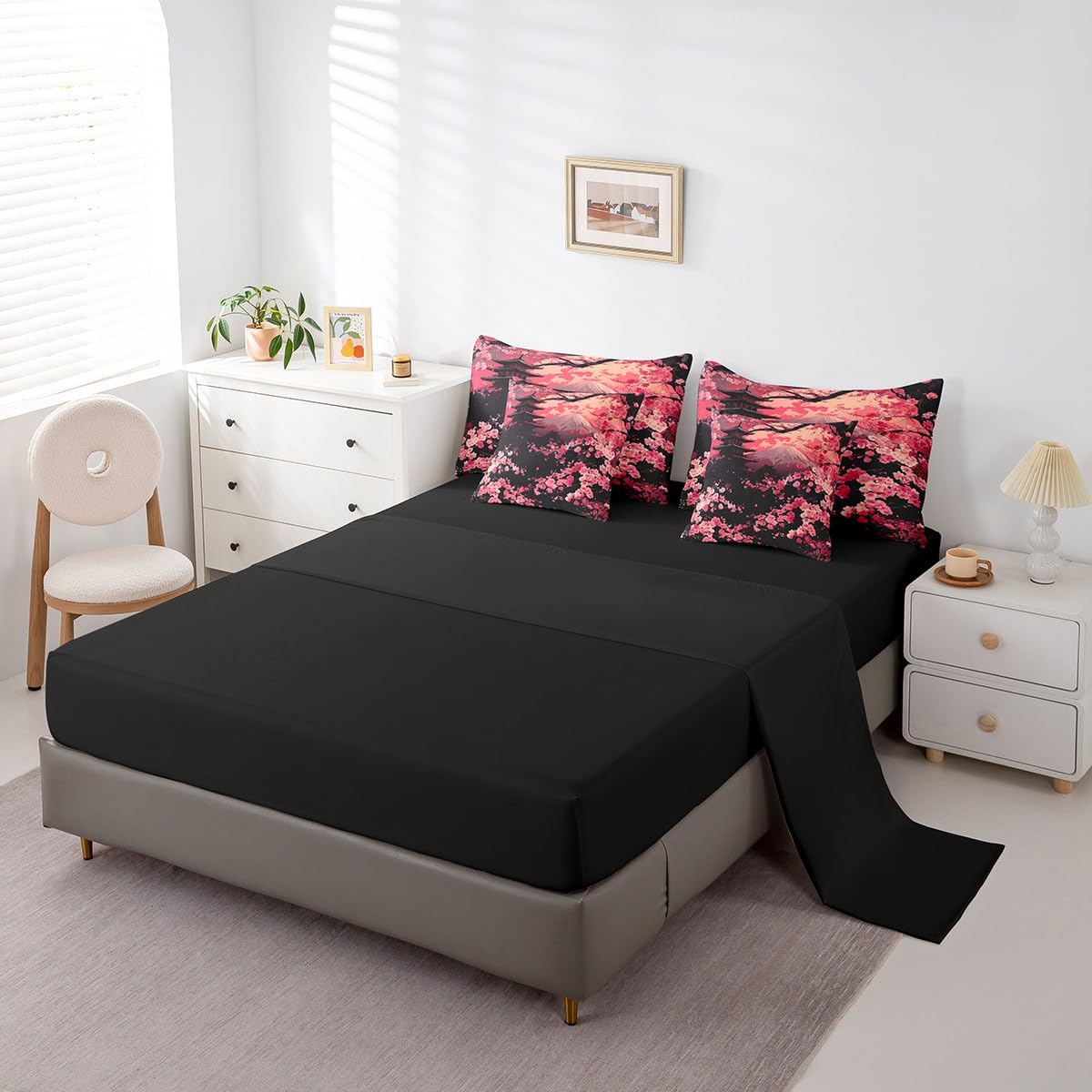 Erosebridal Pink Cherry Blossom Queen Comforter Set with Sheets,Oriental Japanese Style Bedding Set for Kids Adults,Mountain Scene Bed Set with Fitted+Flat Sheet,Pillowcases,Throw Pillow Covers