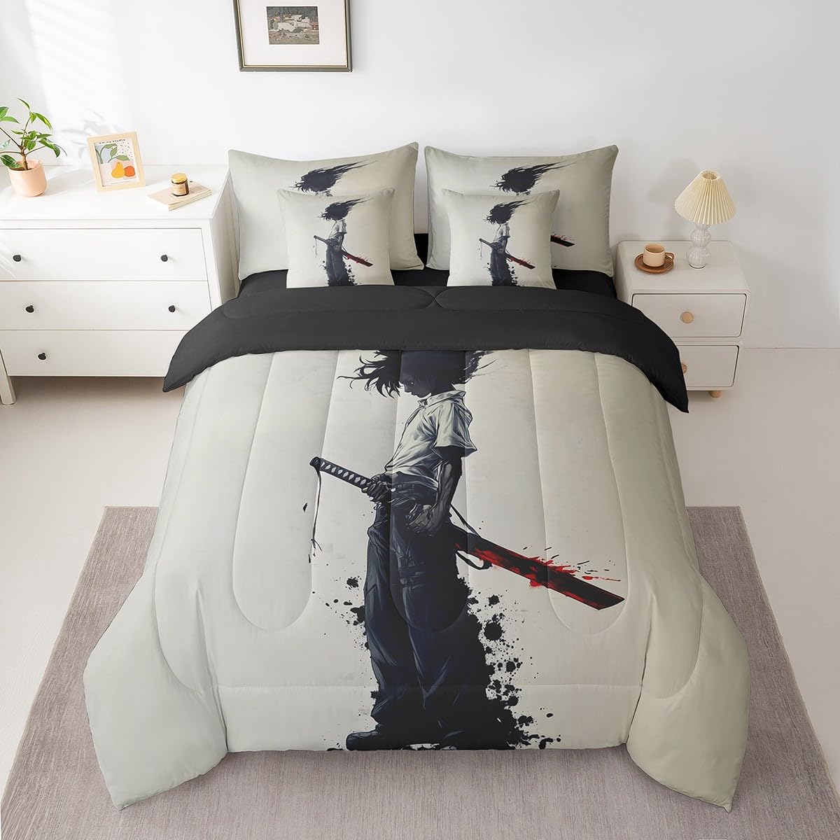jejeloiu Kids Afro Samurai Comforter Set 7 Pieces Full Size Anime Bedding Set for Boys Girls Japanese Style Bed in a Bag with Comforter, Sheets, Pillowcases & Cushion Covers
