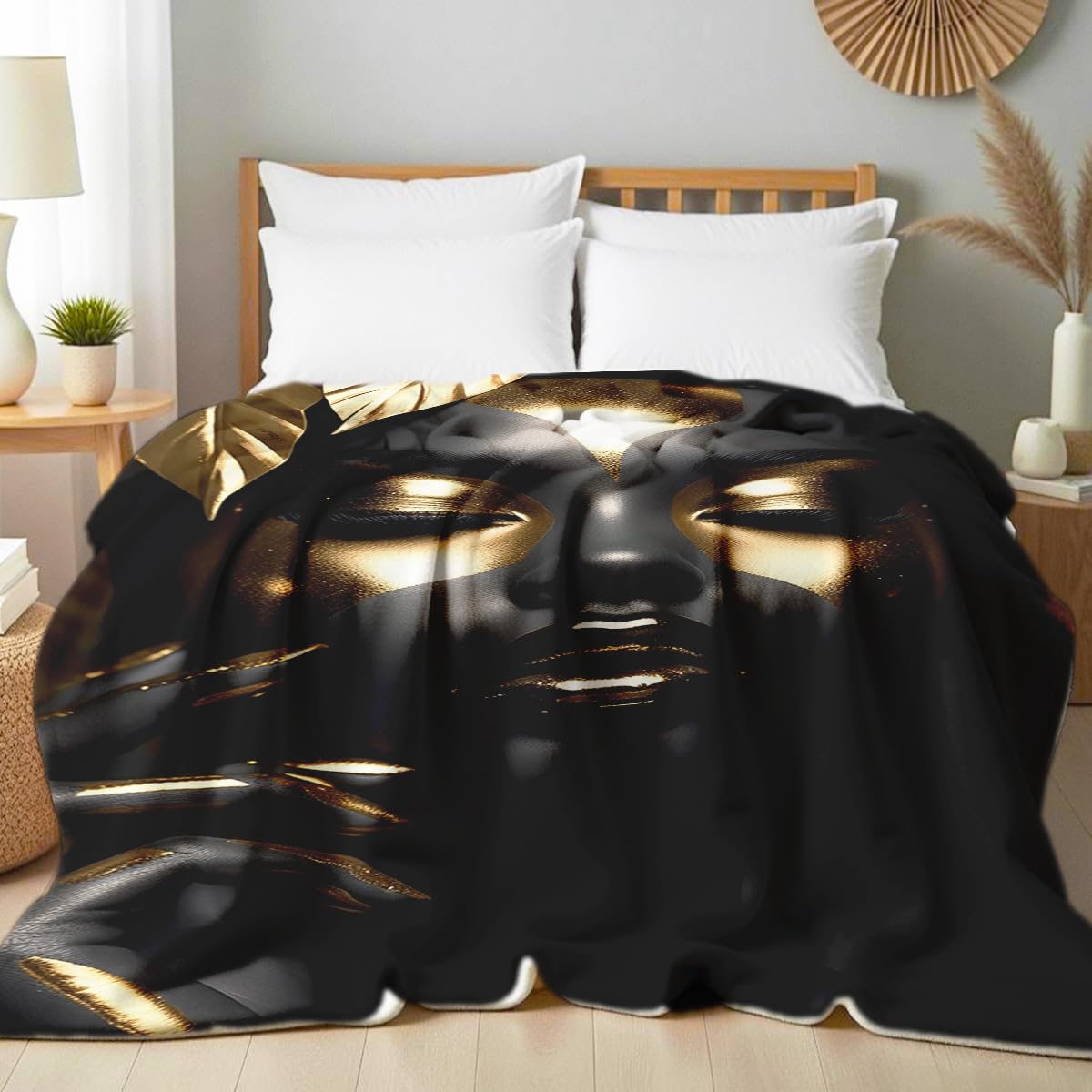 HUNXIAOJ African American Woman Blanket Throw Black Gold Print Flannel Blanket Gifts for Girls Female Women African American Couch Bed Living Room Home Decor 49"x59"