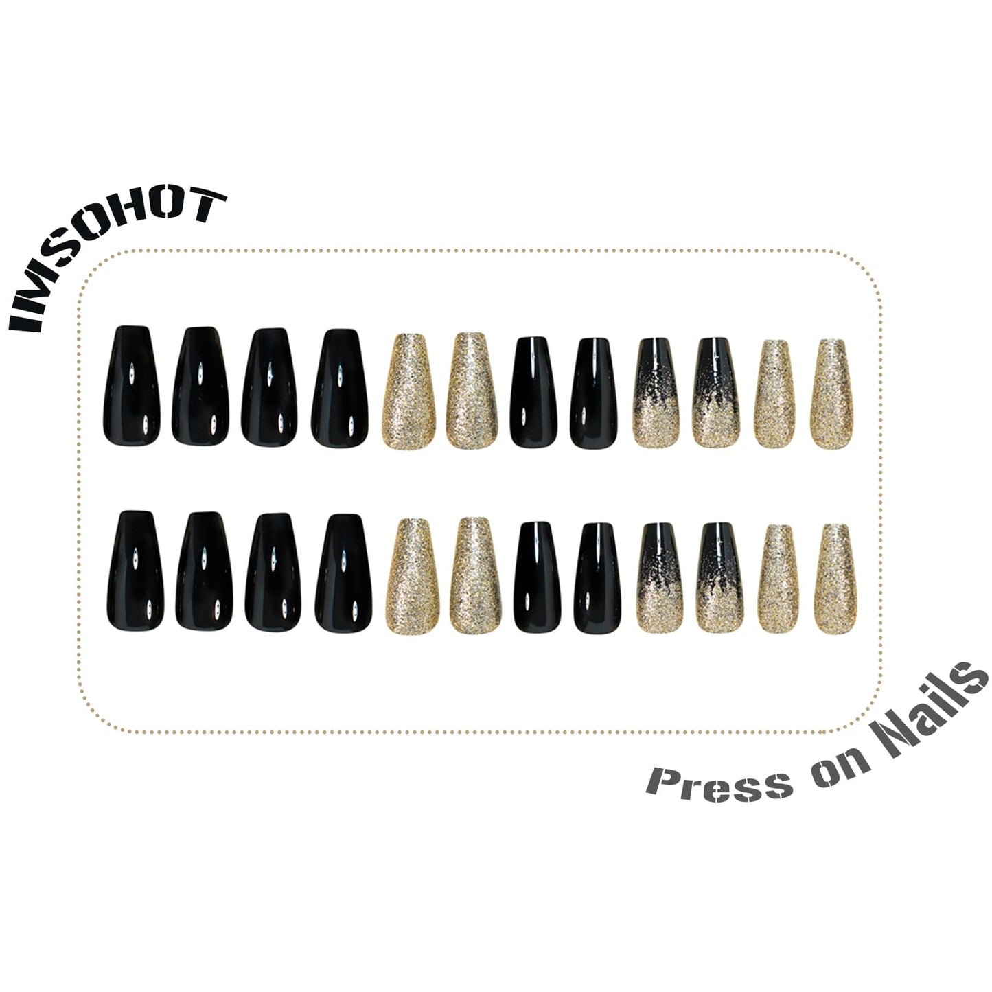 IMSOHOT Golden Glitter Press on Nails Long Coffin Fake Nails Black Glossy Glue on Nails Full Cover Acrylic False Nails with Sparkly Gradient Designs 24Pcs
