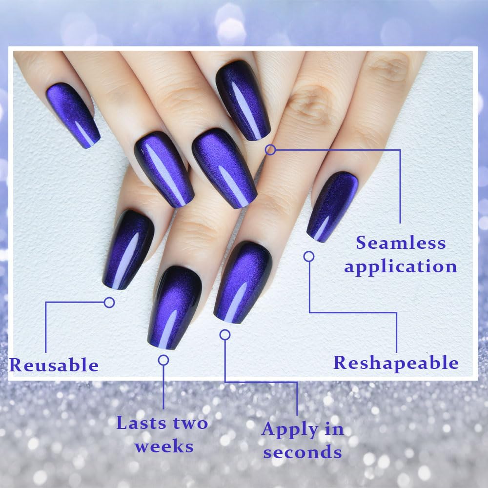 evpct Royal Blue Cat Eye Coffin Press on Nails Medium Square No Glue, Medium Square Stick on Nail for Women, Royal Blue Metallic Glitter Glossy Reusable Soft Press on Acrylic Fake Nails with Designs