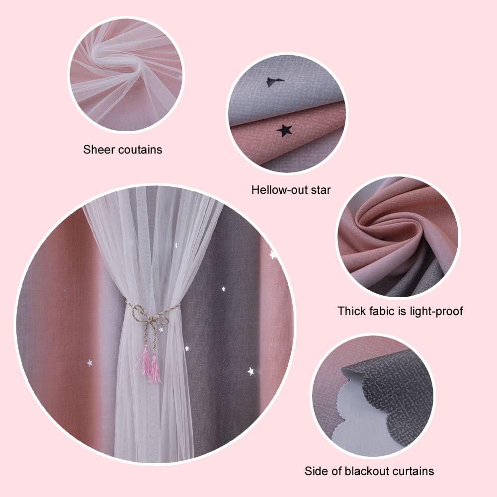 ZHUHAN Ombre Rainbow Blackout Curtains for Kid Girls Bedroom Living Room Darking Stripe Double Layer Star Cut Out Wall Home Decor Gradient Grommet Window Curtains （Pink Grey 52W x 72L