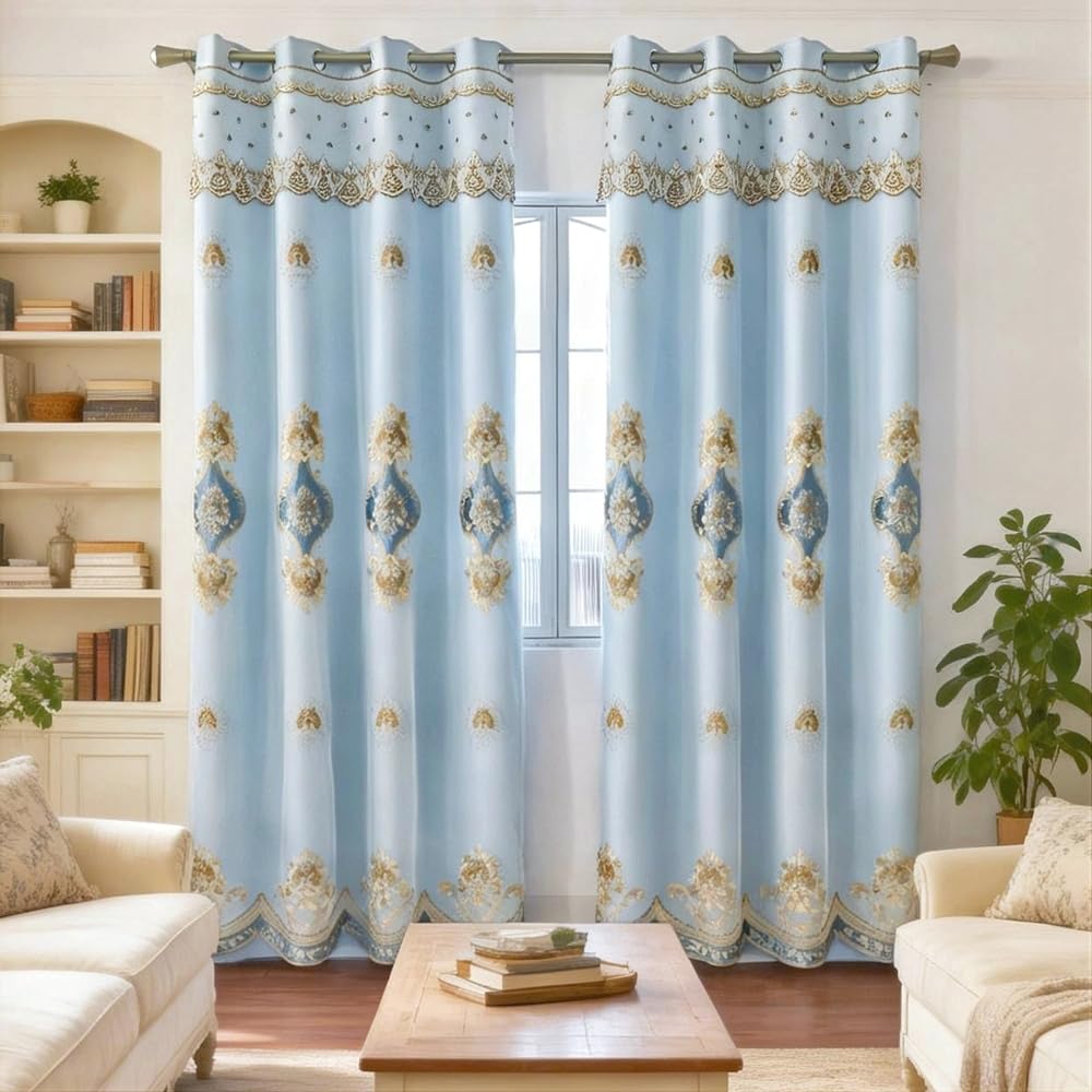 Amidoudou 1 Pair European Double Layer Curtains with Sheer Curtains for Living Room Bedroom Luxury Embroidered Blackout Curtains (Blue,52x84 Inch)
