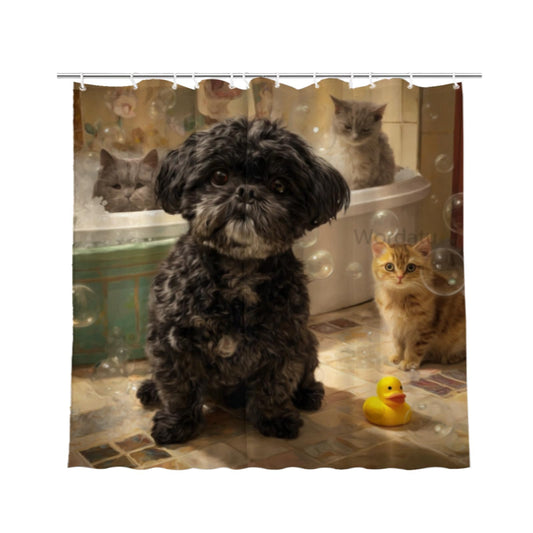 Wordatu Black Shih Tzu Shower Curtain Bathroom Set 72X72 Inches Funny Cat Lovely Animals in Bathtub for Boys Bath Farmhouse Art Home Decor Fabric 12 Hooks