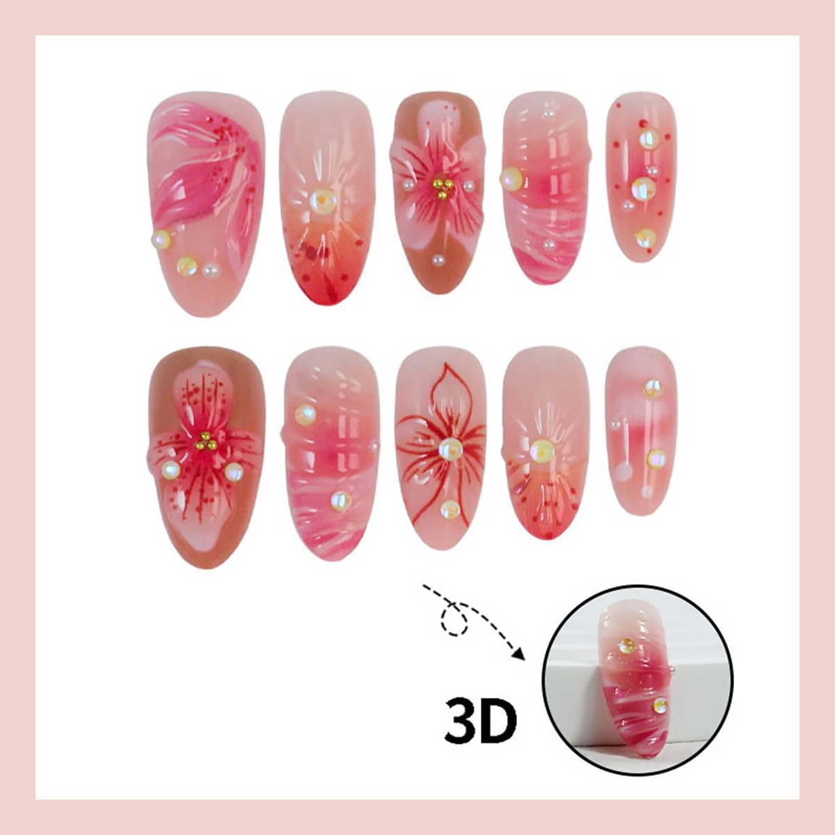 30Pcs Pink Flower Press on Nails Medium Almond Fake Nails with Yellow Pistil 3D Pearl Design Full Cover Artificial Glue on Nails Spring False Nails Handmade Stick on Nails for Women Manicure Salon