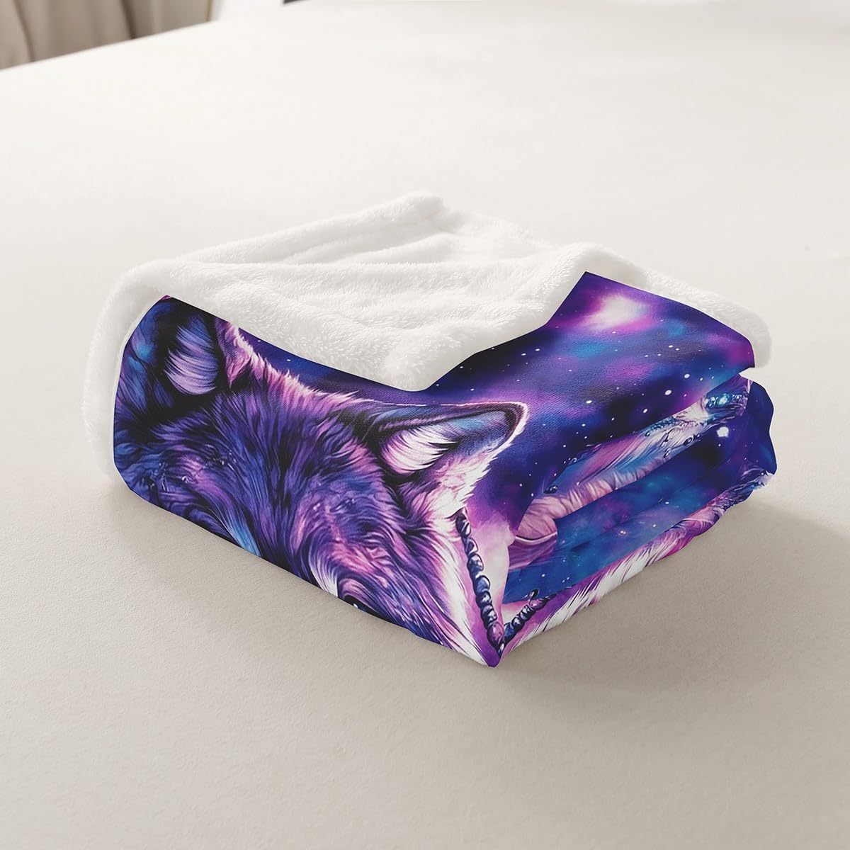 Erosebridal Twin Size Wolf Fuzzy Plush Throw Tribal Animal Fleece Blanket Bohemian Feather Wildlife Sherpa Blanket for Kids Adult Women Men Starry Sky,Purple Decor for Sofa Couch Decor