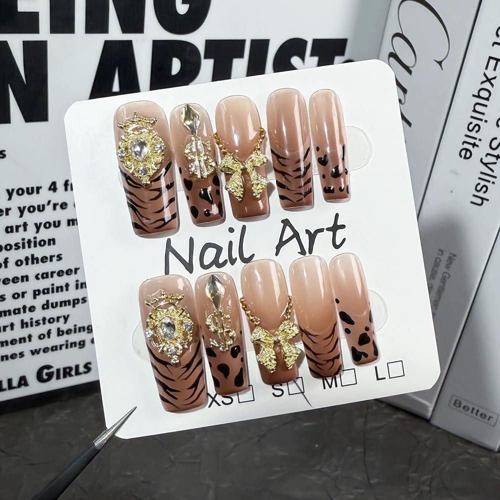 Handmade Press on Nails French Tip Leopard Fake Nails with 3D Bow and Gold Crown Designs False Nails Fall Glossy Acrylic Nails for Women DIY (Size M）