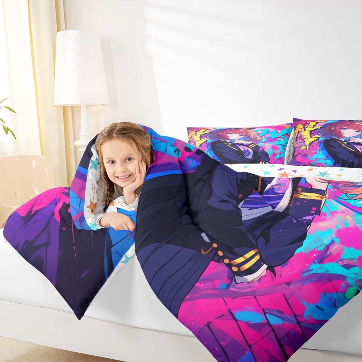 Erosebridal Girls Japanese Anime Comforter Set Full, Kawaii Anime Girl Bedding Set Cartoon Girl Duvet Insert for Kids Teens Adult, Japanese Animation Sci Fi Style Quilt with 2 Pillow Cases