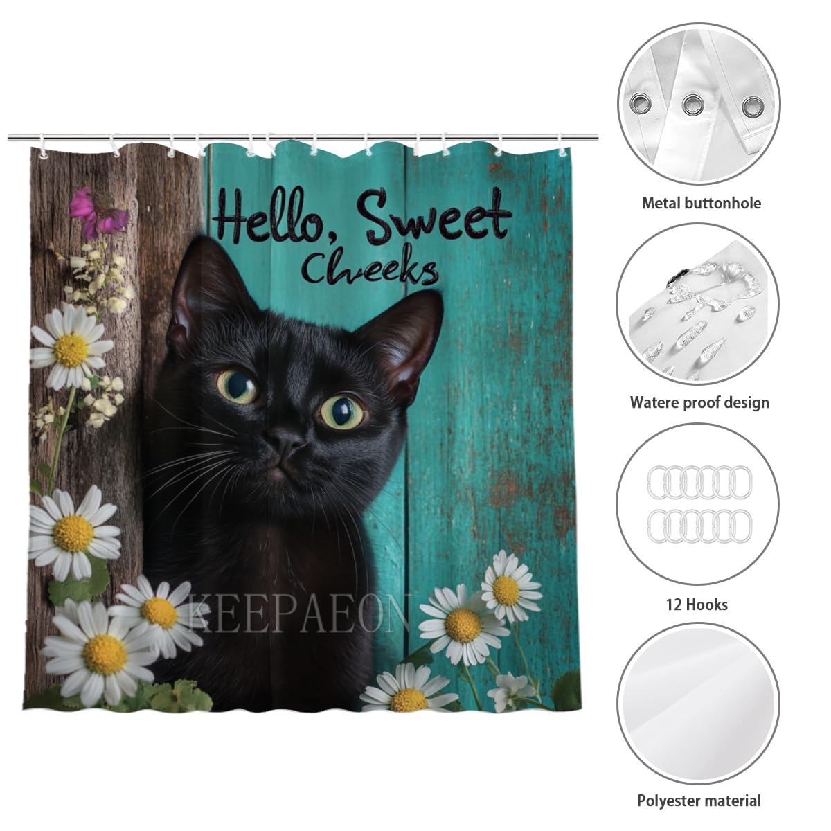 KEEPAEON Black Cat Shower Curtain, Cute Funny Shower Curtains for Bathroom Hello Sweet Cheeks Bathroom Decor with Hooks, Bathroom Curtain 60x72 Inches