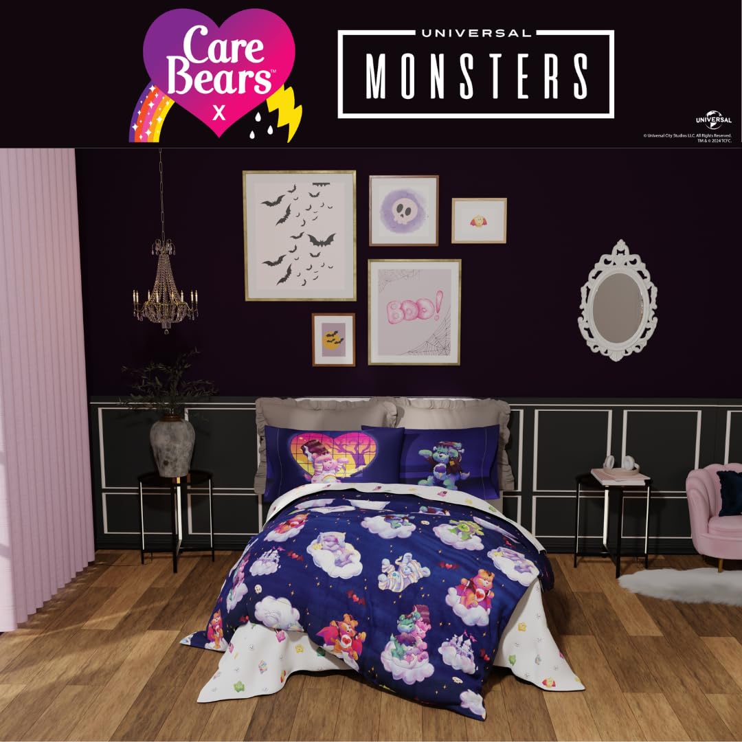 Care Bears x Universal Monsters Halloween Bedding 7 Piece Super Soft Cozy Reversible Comforter and Sheet Set with Sham, Full, (Officially Licensed Product) By Franco