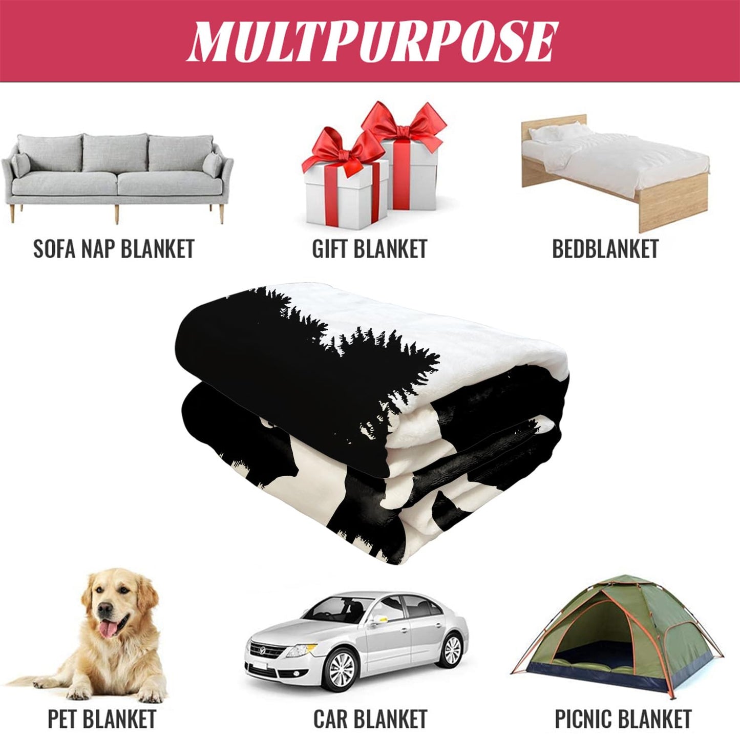 HommomH Forest Silhouette Bigfoot Throw Blanket, 50 x 60 Inches, Black and White, Decorative Soft Cozy Fleece Blanket for Couch Bed