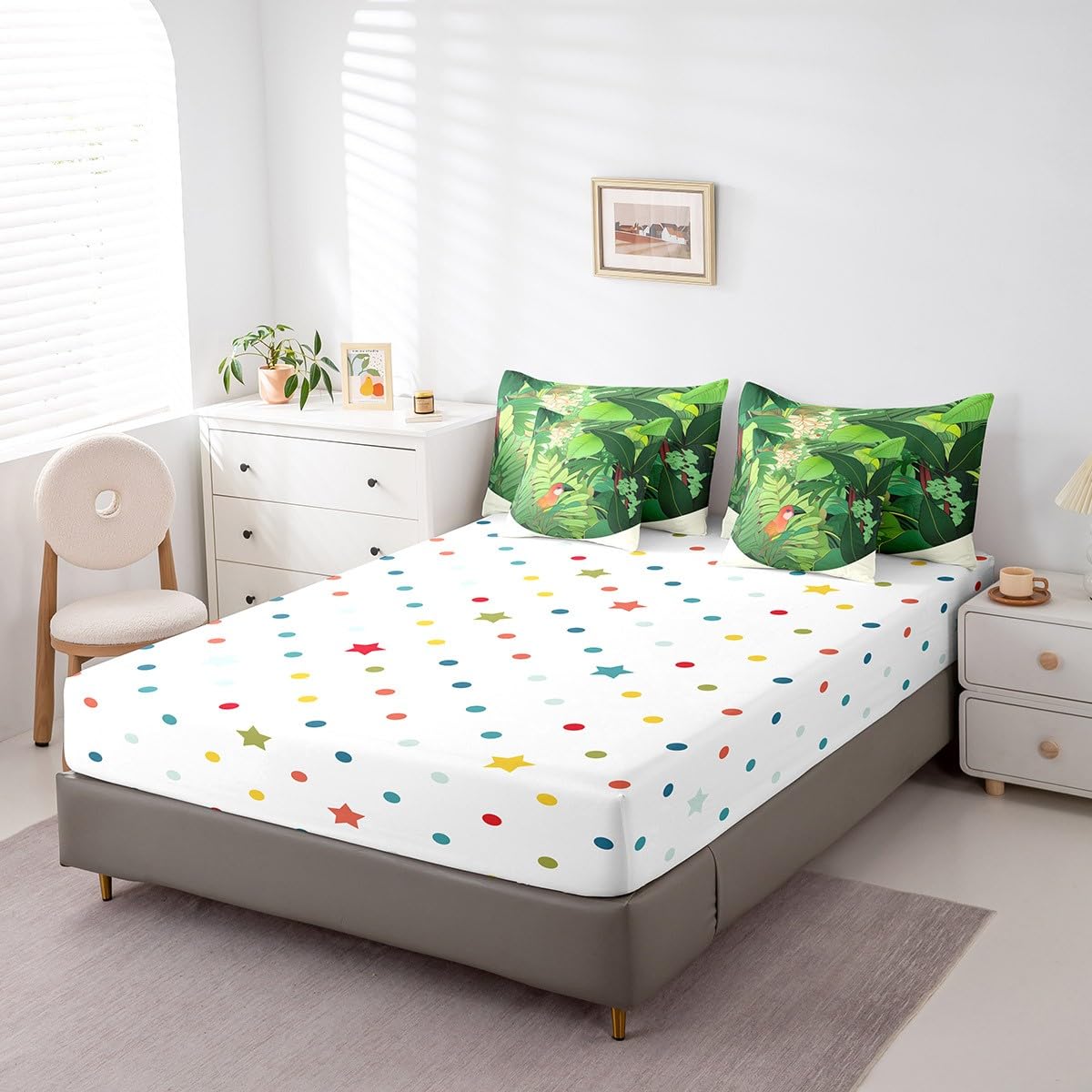 Erosebridal Palm Leaf Bedding Set King Size, Funny Toucan Hawaiian Summer Comforter Set, Tropical Plant Kids Teens (Comforter+Fitted+Flat Sheet+2 Pillowcases+2 Throw Pillow Covers) 7 Pieces Bed Set