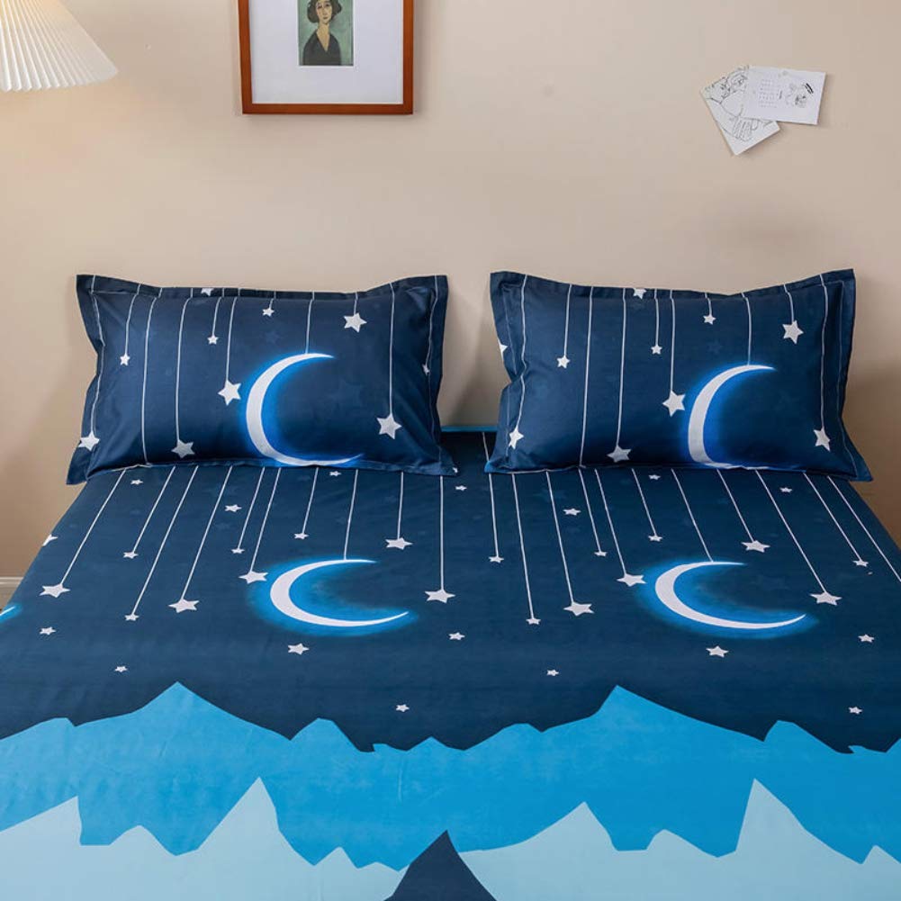 Kids Bedding Set Moon Twinkle Stars Bed Sheet Set for Boys Girls Bedroom Decor Twin Size Microfiber Soft Mountain Night Fitted Sheet Dark Blue Bed Cover with 1 Pillow Case, Flat Sheet not Included