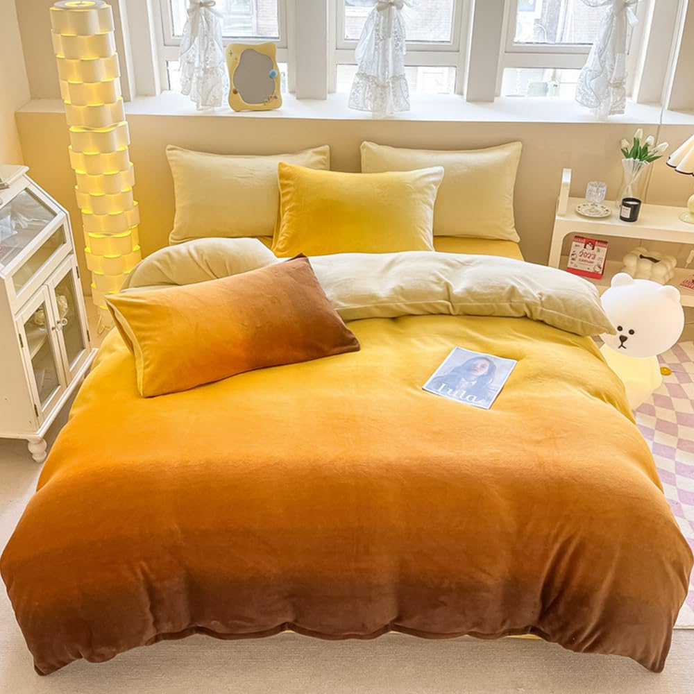 CLOTHKNOW Dark Orange Velvet Duvet Cover Set Queen 3Pcs Orange Yellow Bedding Sets Rust Beige Fluffy Bedding Duvet Cover Sets Queen Soft Flannel Bedding Queen Sets