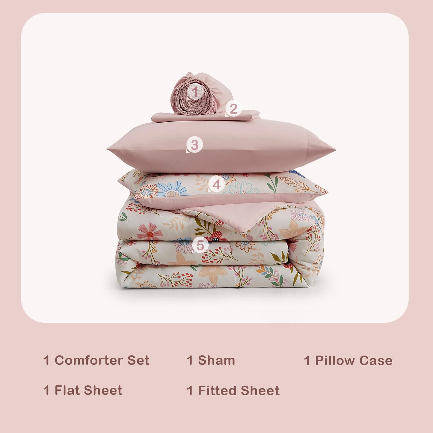 Kaleido Space Twin Comforter Set for Girls Kids - 5 Pieces Pastel Garden Patterns Twin Bedding Sets for Girls Teen, Soft Cozy Bed in A Bag with Sheets