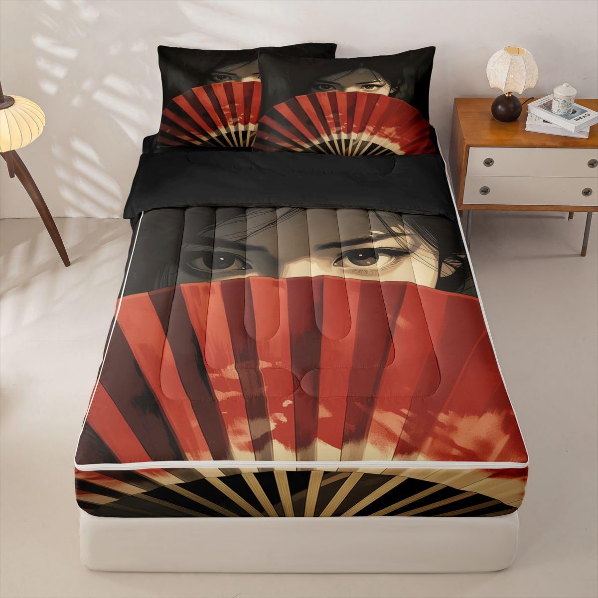 Erosebridal Onna-Musha Kids Comforter Set with Zipper, Japanese Samurai Twin Size Zipper Bedding Set, Japan Culture Decor Bed-in-A-Bag